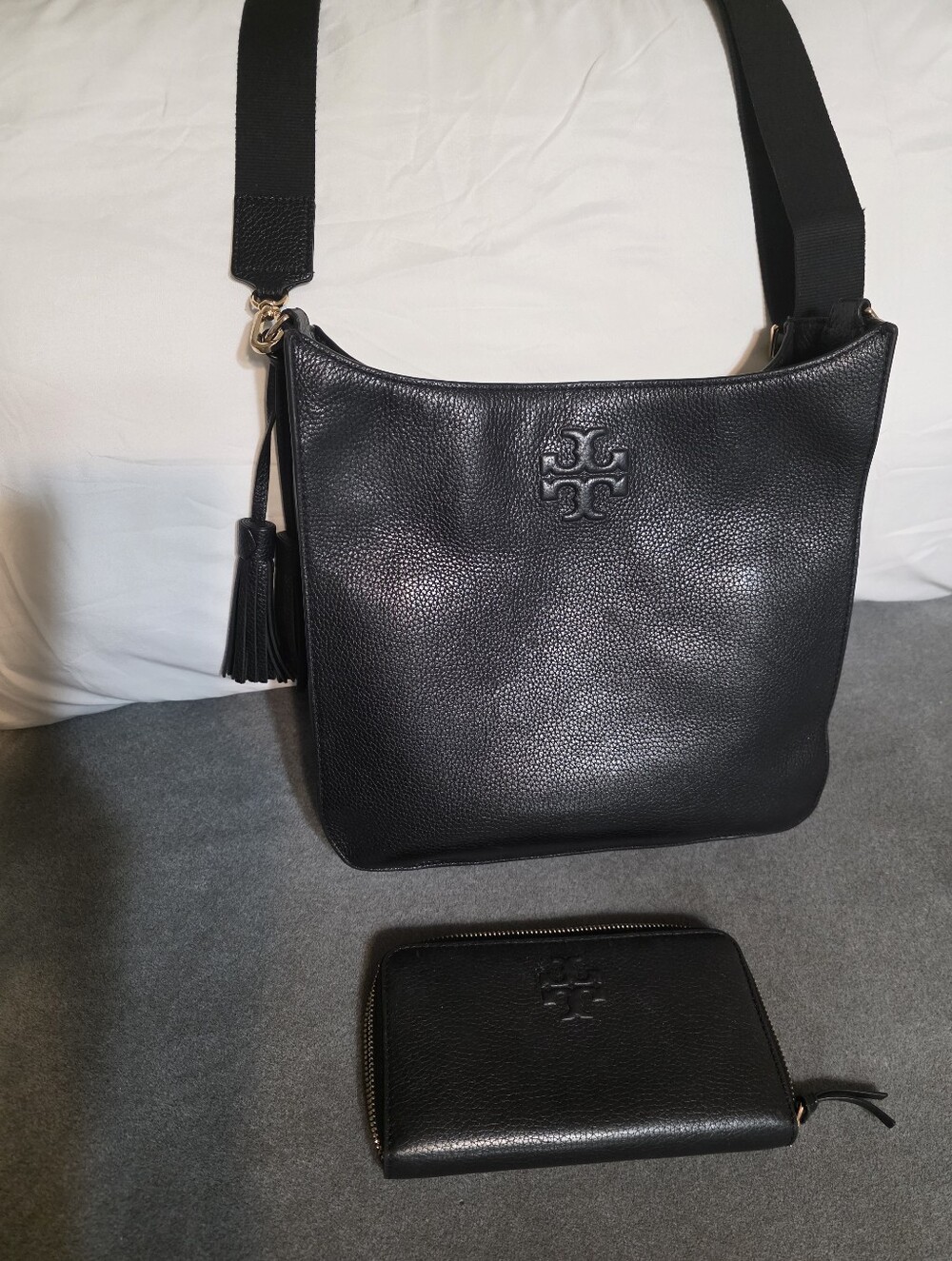 Tory Burch Black Pebbled Leather Crossbody with Tassel and Zip Wallet